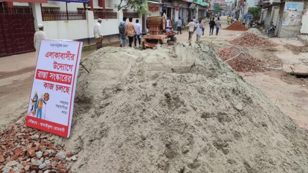 পাবনায় স্বেচ্ছশ্রমে সরকারি সড়ক সংস্কার করছেন এলাকাবাসী