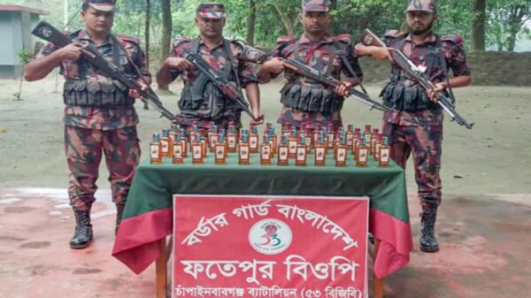 চাঁপাইনবাবগঞ্জ সীমান্তে ৫৩ বিজিবি’র অভিযানে ভারতীয় মদ জব্দ